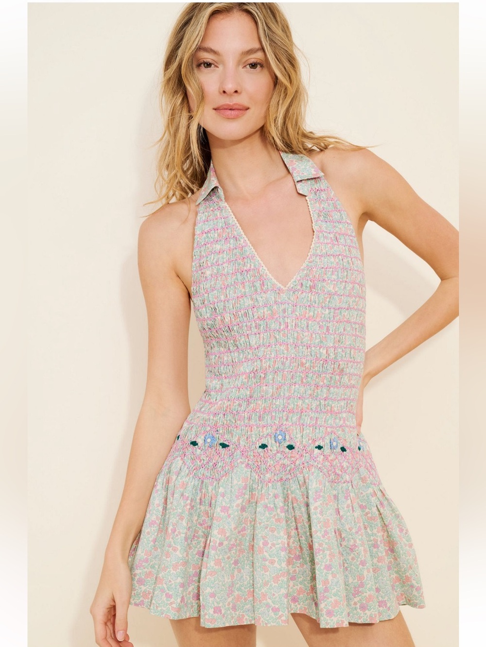 Free People Flirty In Florals Smocked Halter Mini Dress Size S